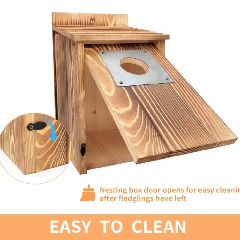 Pine Wood Birdhouse w/ Metal Predator Guard & Cleaning Door